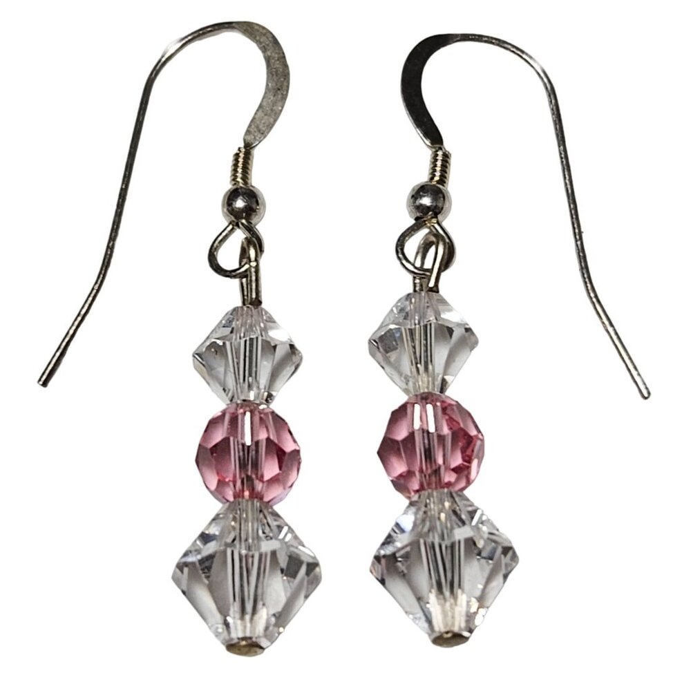 Crystal & Pink BeadeElegant Retro Pink Clear Crystal Beaded Dangle Drop Earrings